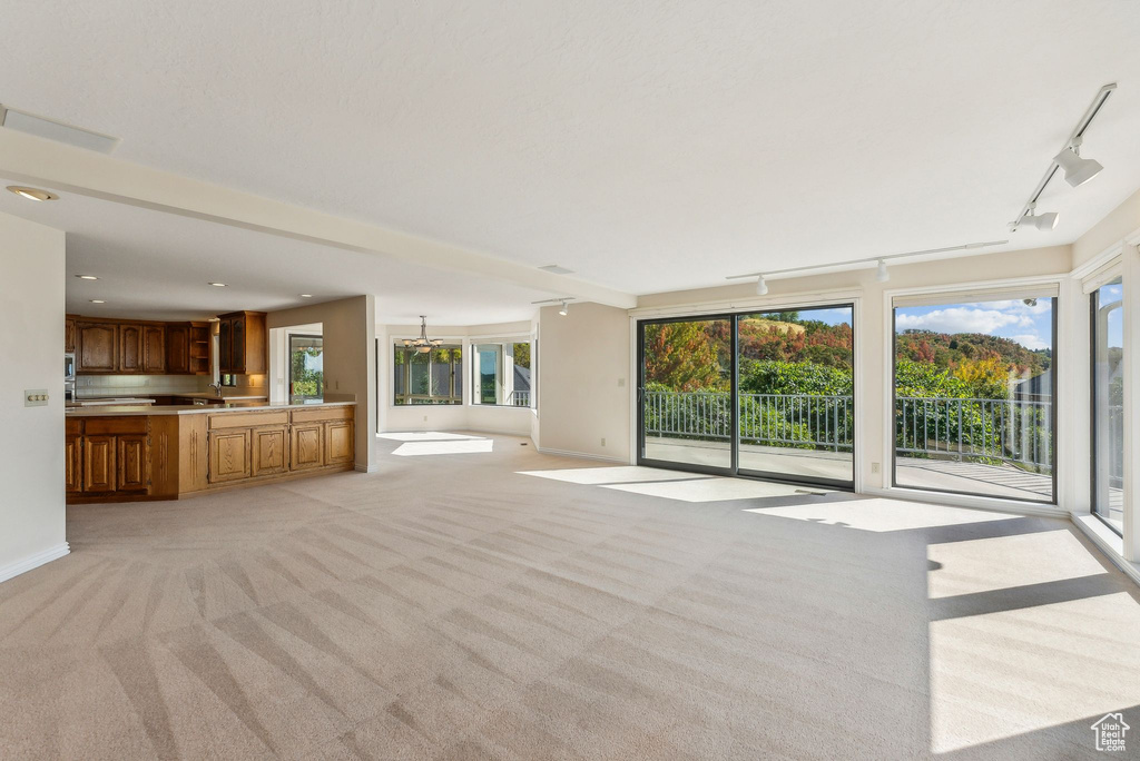 Unfurnished living room with light carpet and rail lighting