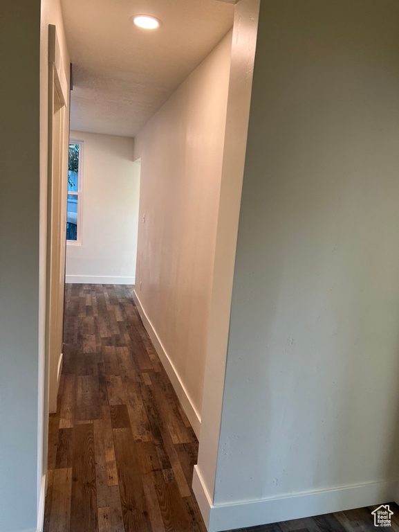 Hallway with dark hardwood / wood-style flooring