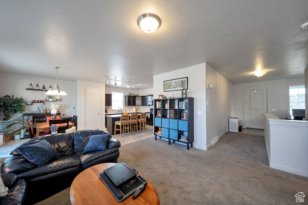 Carpeted living room with a textured ceiling