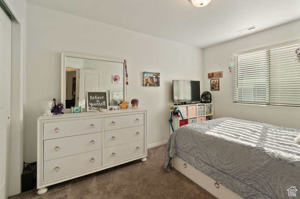 Carpeted bedroom featuring a closet