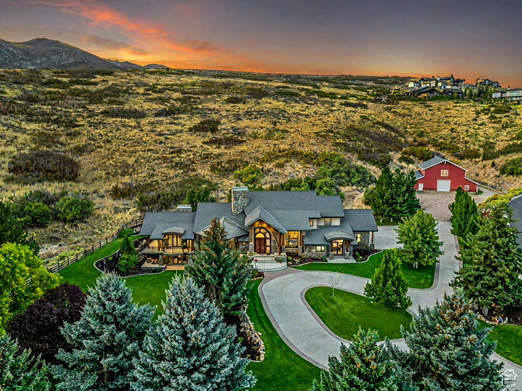 Aerial view at dusk with a mountain view