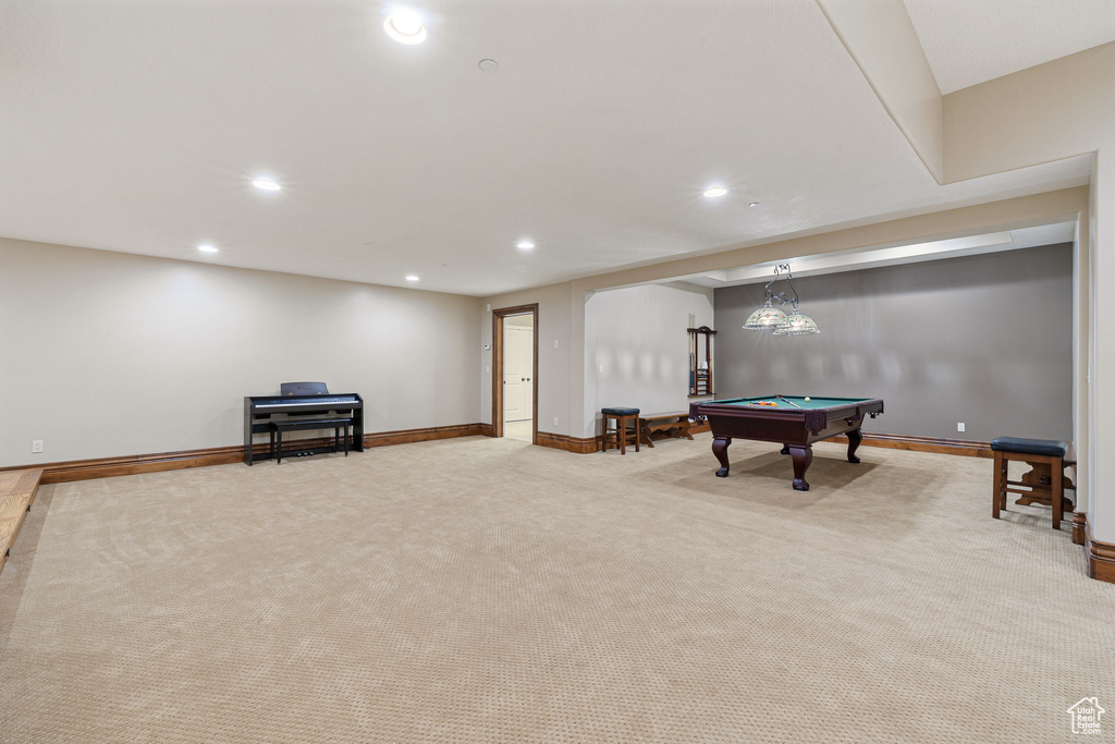 Rec room with billiards and light carpet