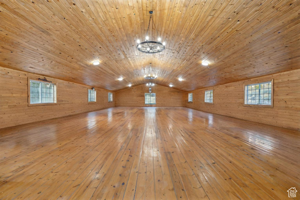 Bonus room with wood-type flooring, wooden walls, lofted ceiling, and wooden ceiling