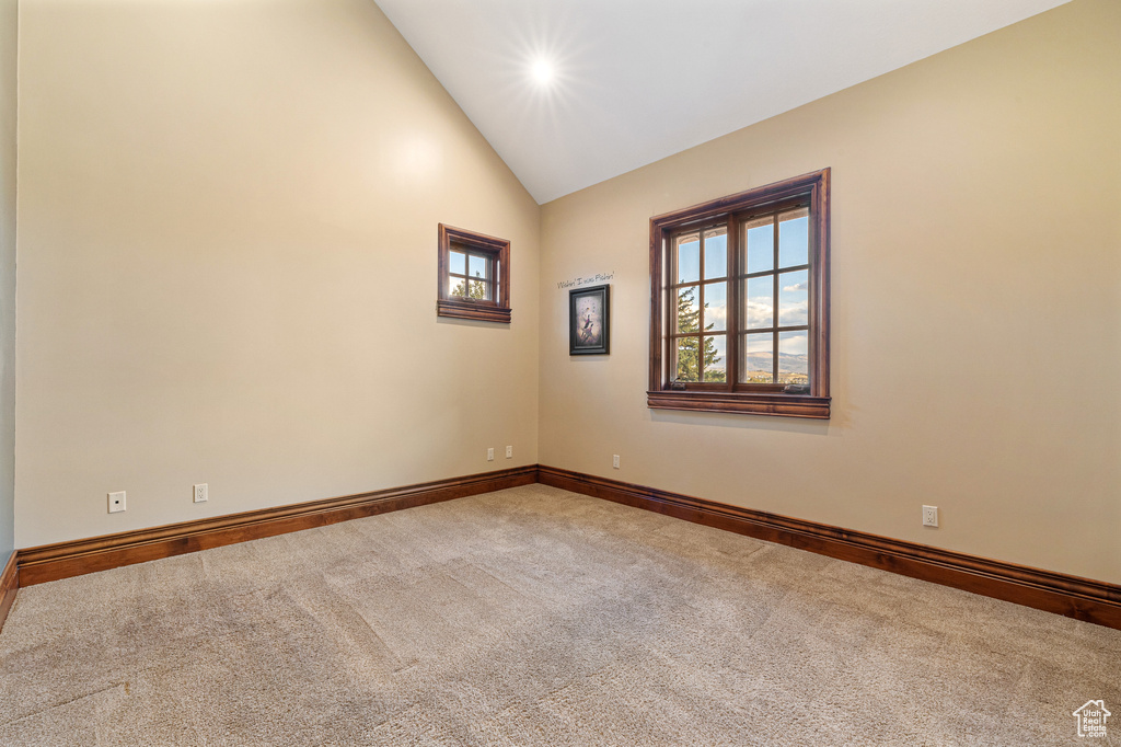 Carpeted spare room featuring high vaulted ceiling