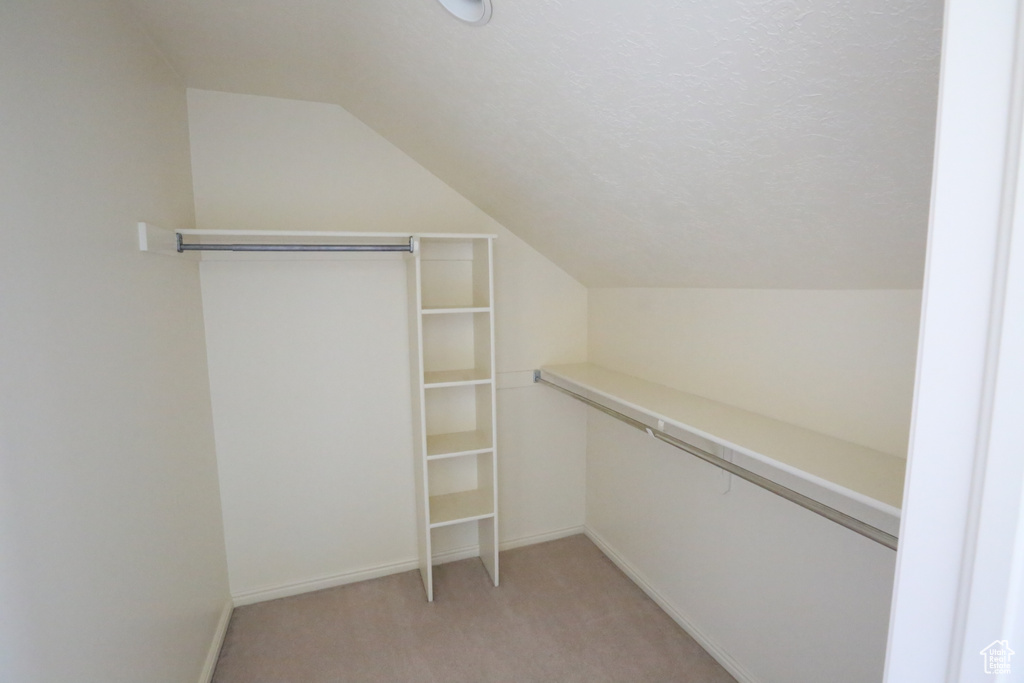 Spacious closet with light carpet and lofted ceiling