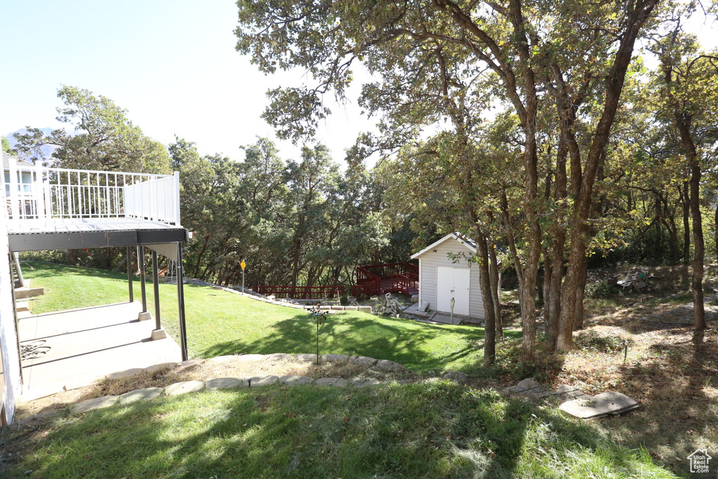 View of yard featuring a shed and a wooden deck