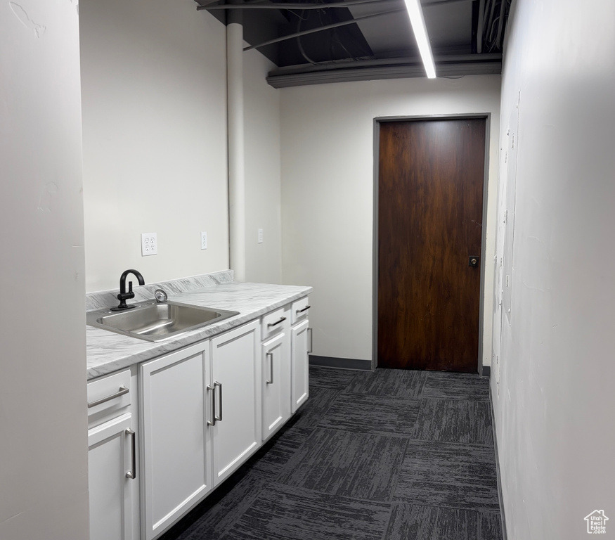 Clothes washing area with a sink and dark colored carpet