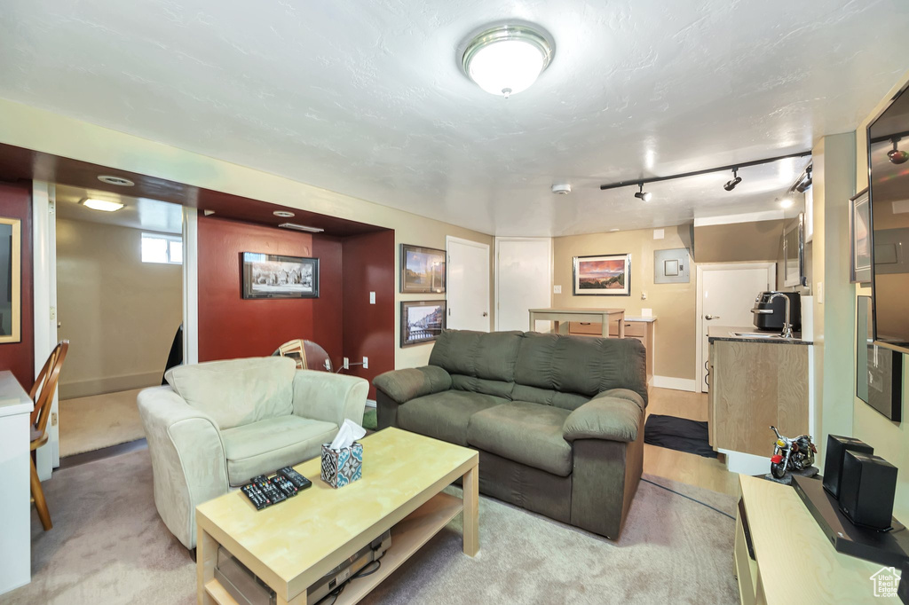 Living room featuring rail lighting, light colored carpet, and sink