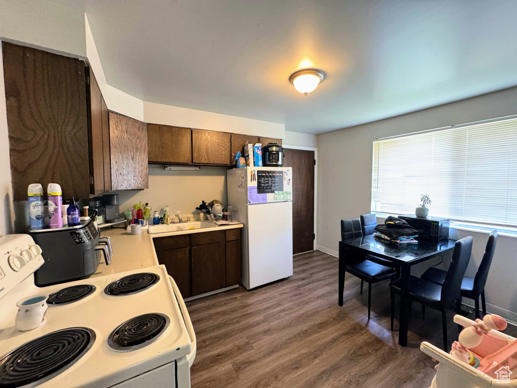 Kitchen featuring dark brown cabinetry, sink, dark hardwood / wood-style flooring, and white appliances