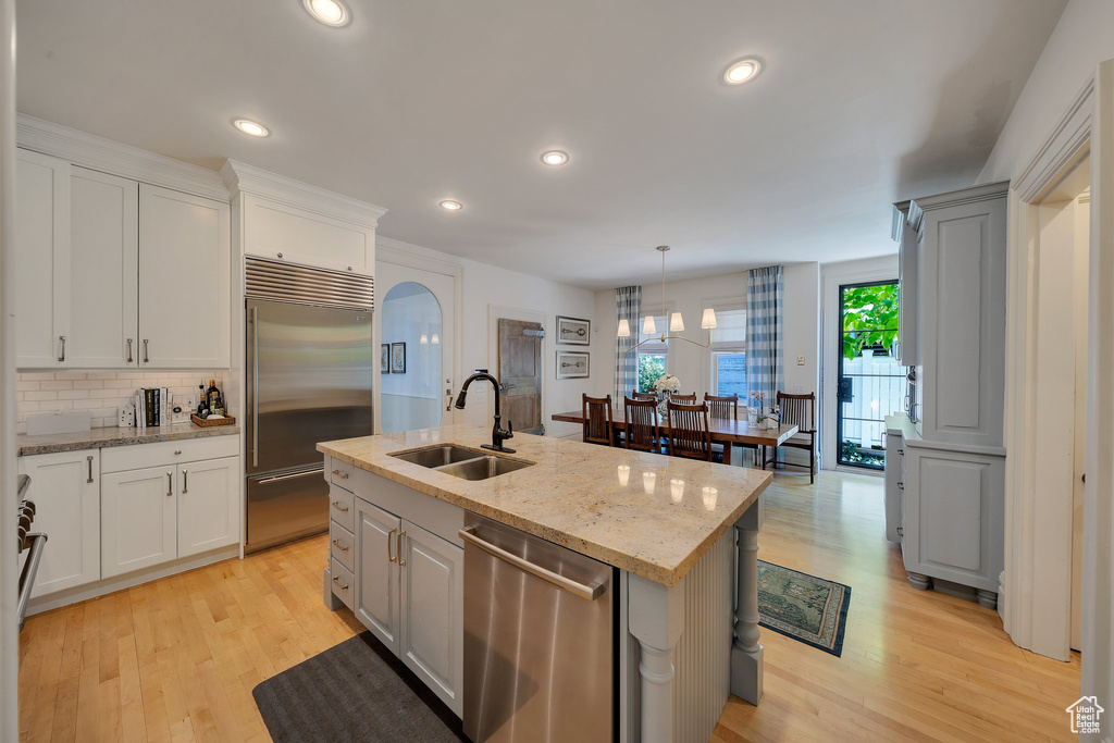 Kitchen with tasteful backsplash, a center island with sink, appliances with stainless steel finishes, light hardwood / wood-style floors, and sink