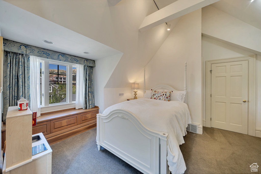 Bedroom featuring vaulted ceiling and dark colored carpet