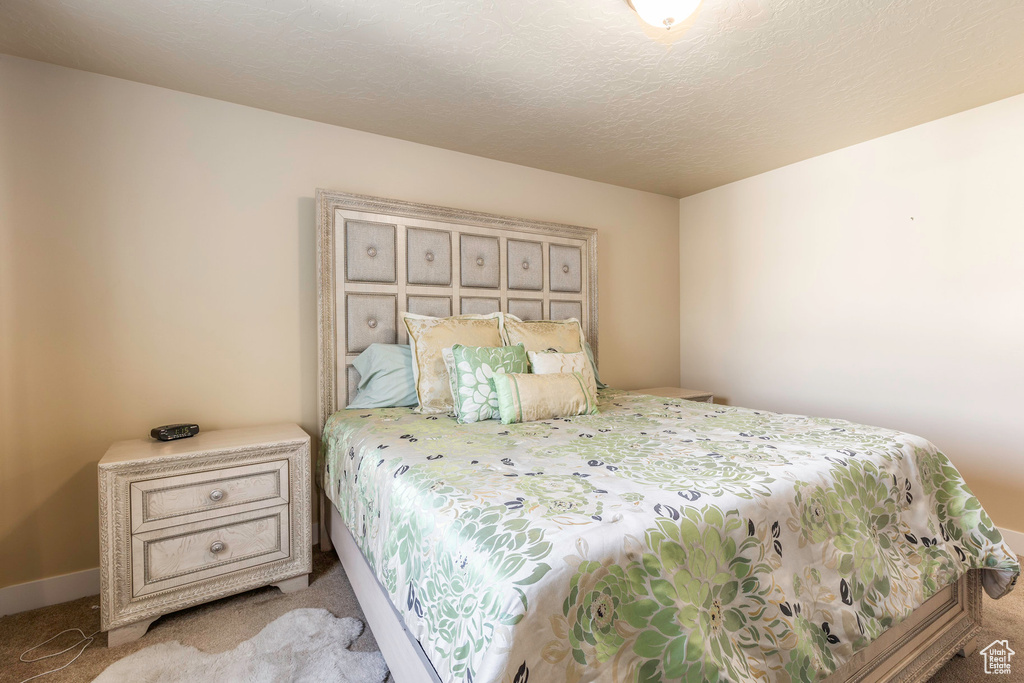 Carpeted bedroom with a textured ceiling