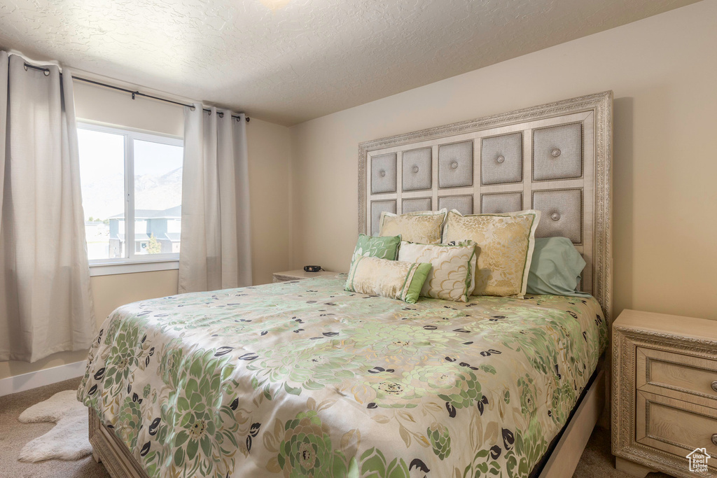 Carpeted bedroom featuring a textured ceiling