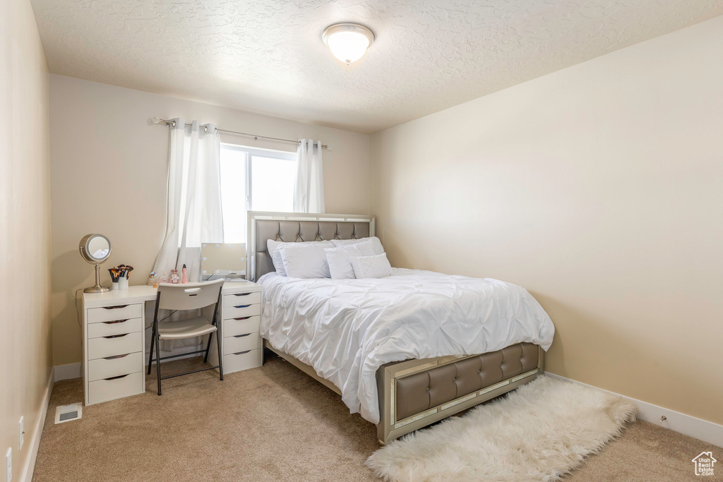 Bedroom with light colored carpet and a textured ceiling