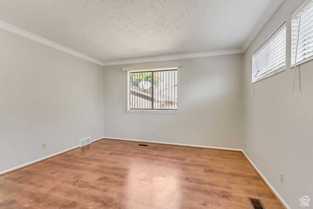 Spare room featuring crown molding, wood-type flooring, and a textured ceiling