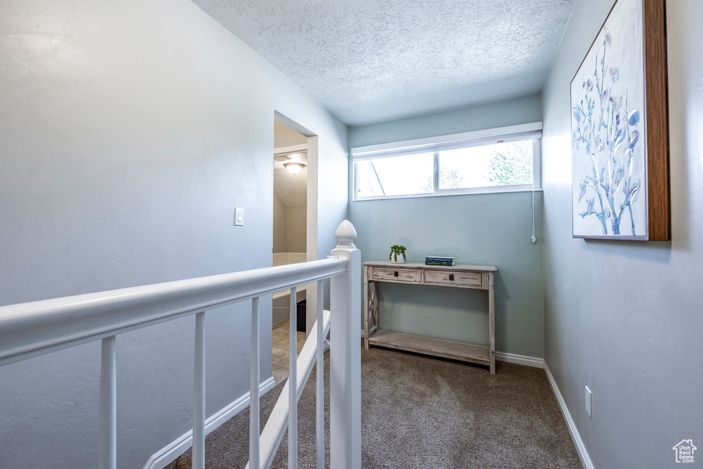 Hall featuring carpet floors and a textured ceiling