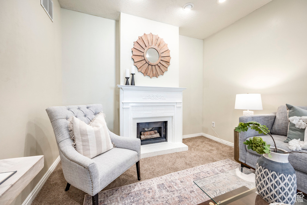 Sitting room with carpet flooring