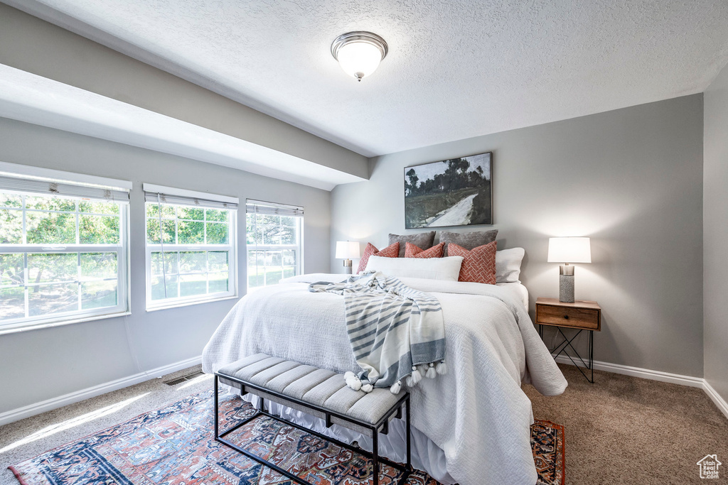 Bedroom with a textured ceiling and carpet