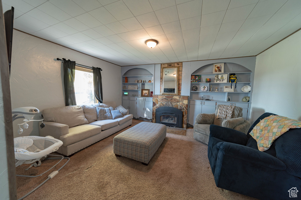 Carpeted living room featuring a fireplace and built in features