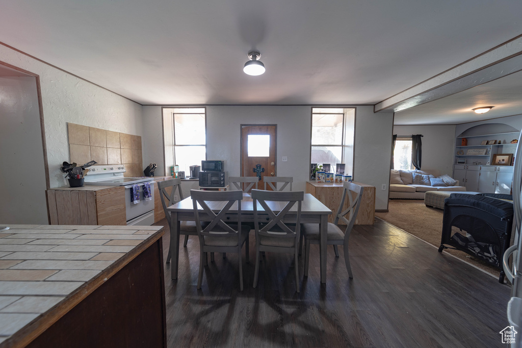 Dining space featuring dark hardwood / wood-style flooring and a healthy amount of sunlight