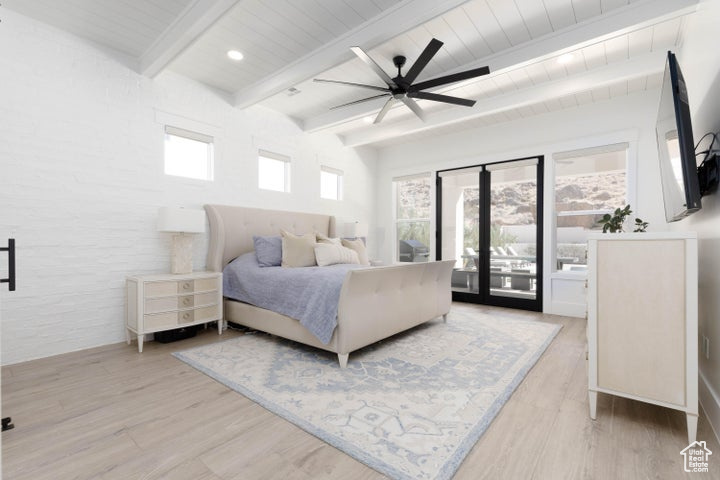 Bedroom with access to outside, beam ceiling, light wood-type flooring, and ceiling fan