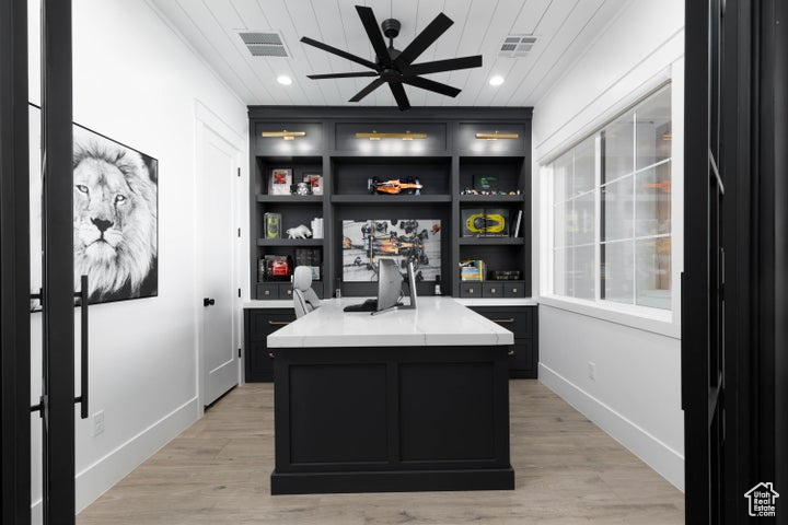 Office space featuring light hardwood / wood-style floors, ceiling fan, and wood ceiling