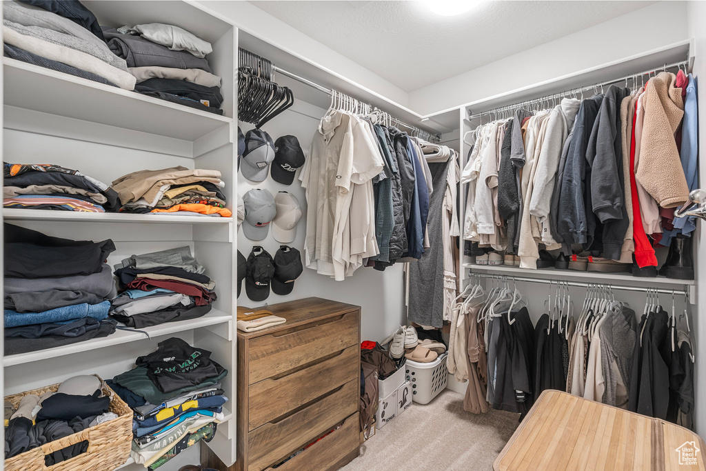 Walk in closet featuring light colored carpet