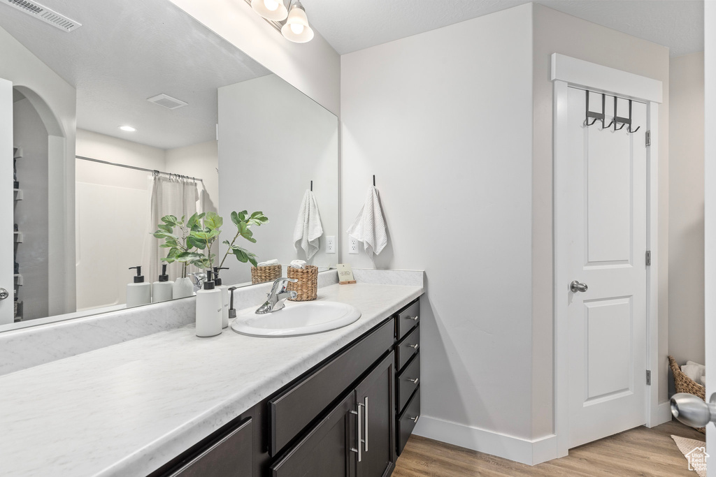 Bathroom with curtained shower, vanity, and wood-type flooring