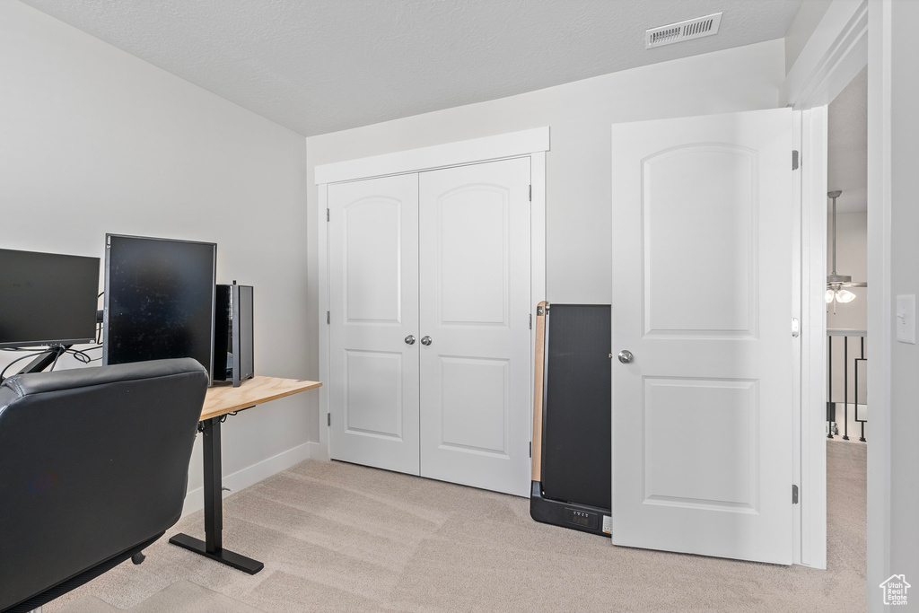 Office area with light colored carpet and a textured ceiling