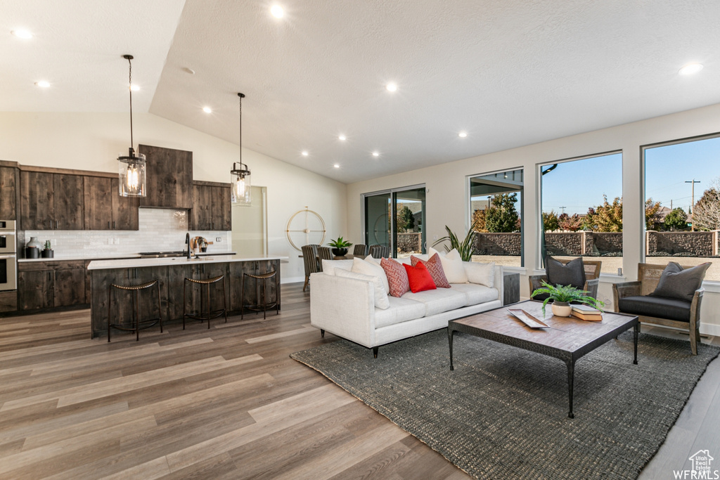 Living room with sink, light hardwood / wood-style flooring, and vaulted ceiling