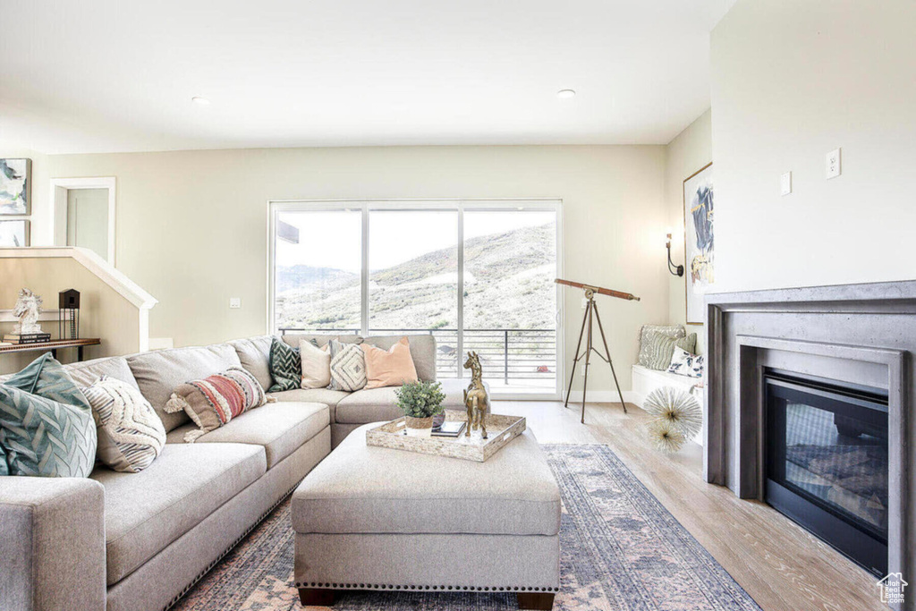 Living room with a mountain view and light wood-type flooring