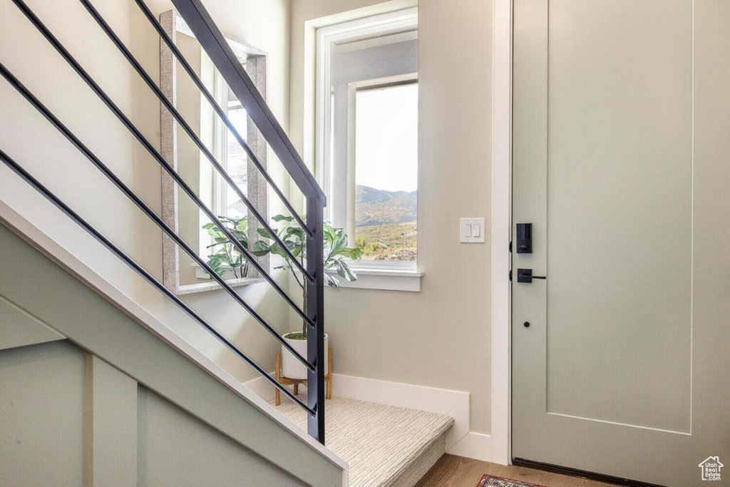 Entryway featuring a mountain view and light wood-type flooring