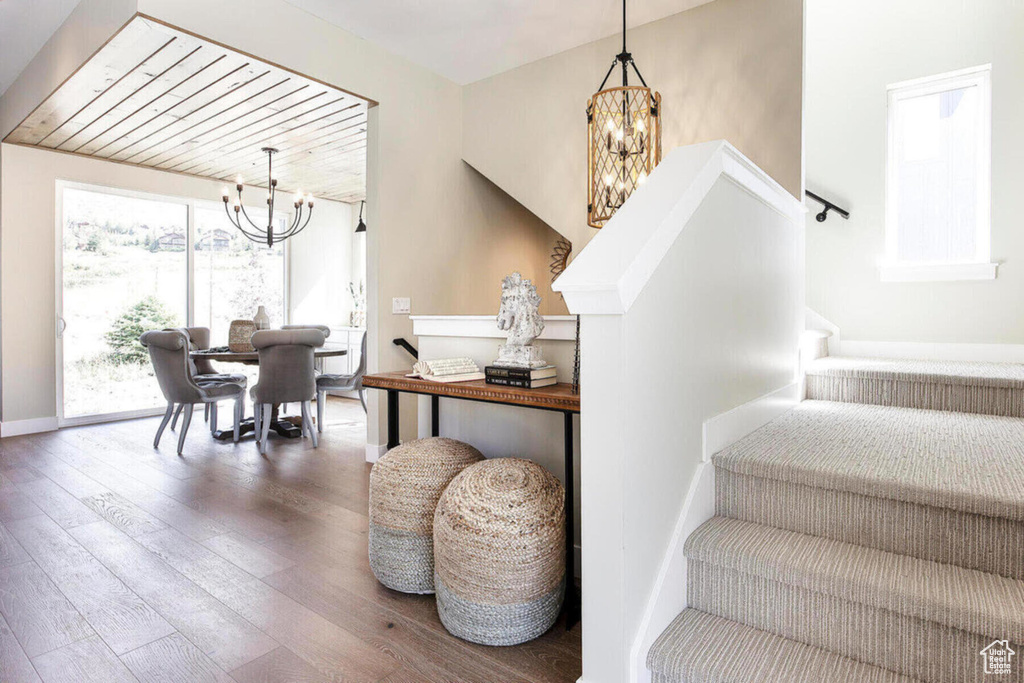 Stairs with hardwood / wood-style flooring and a chandelier