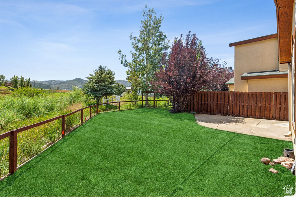 View of yard with a mountain view and a patio