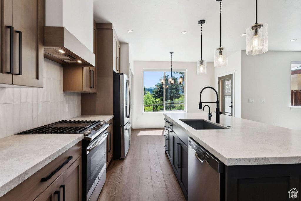 Kitchen with wood-type flooring, sink, appliances with stainless steel finishes, custom exhaust hood, and a center island with sink