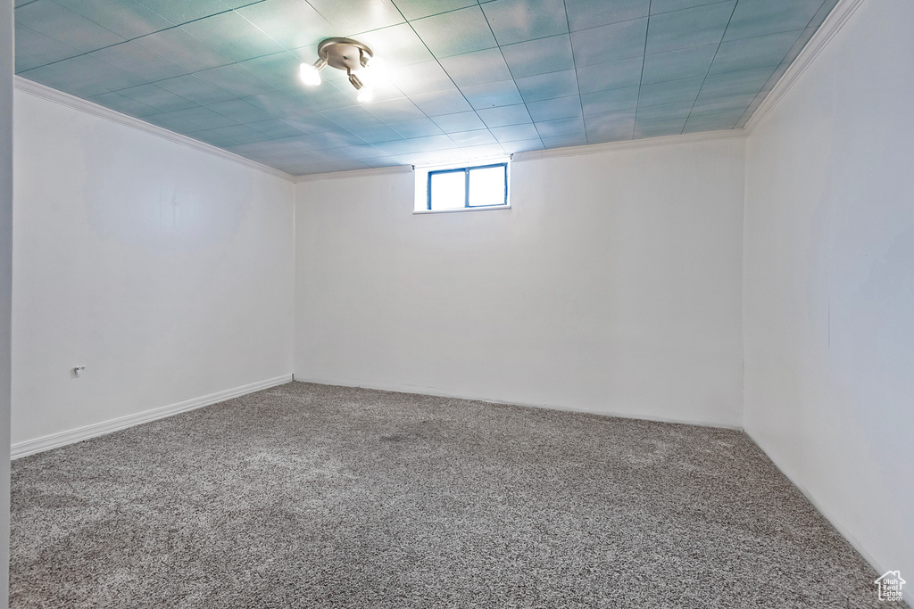 Unfurnished room featuring carpet floors and ornamental molding