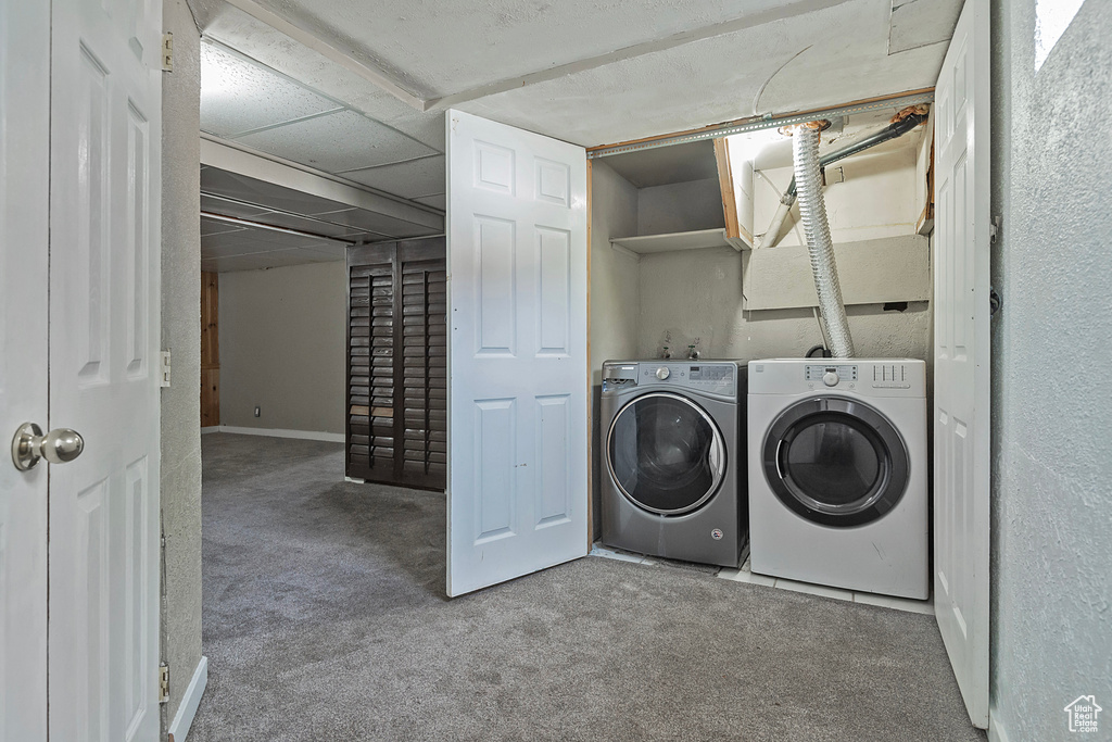 Laundry area featuring independent washer and dryer and carpet