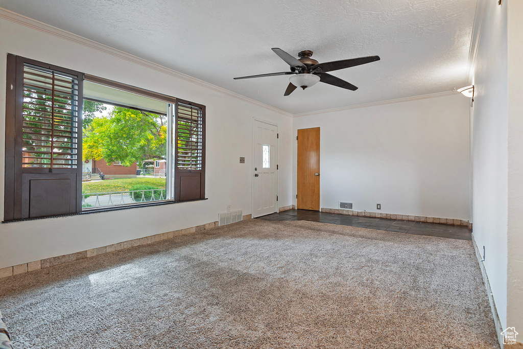 Carpeted empty room featuring ceiling fan, a textured ceiling, and crown molding