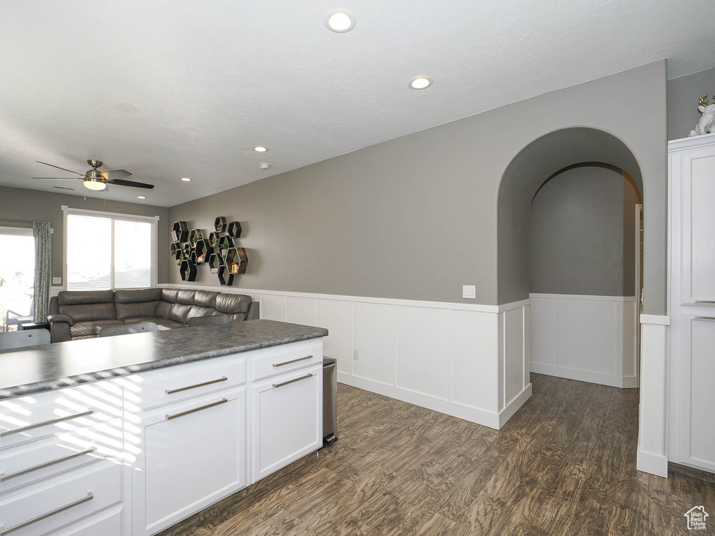 Kitchen with white cabinets, dark hardwood / wood-style flooring, and ceiling fan