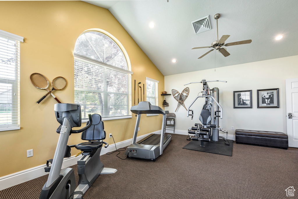 Exercise area featuring high vaulted ceiling, dark carpet, and ceiling fan