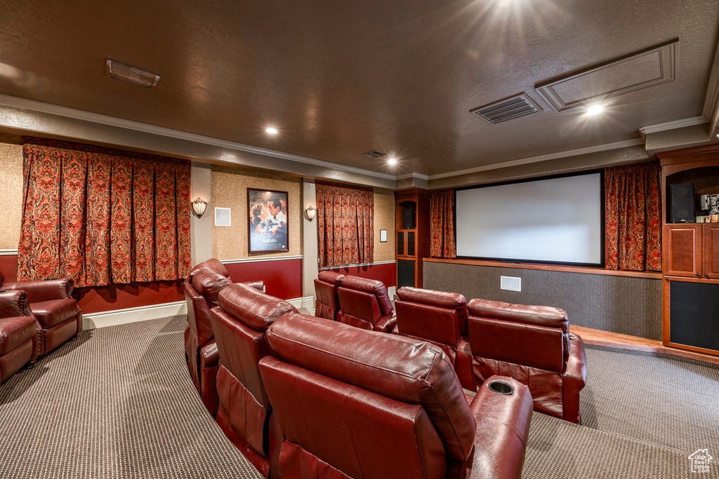 Cinema with crown molding and carpet floors