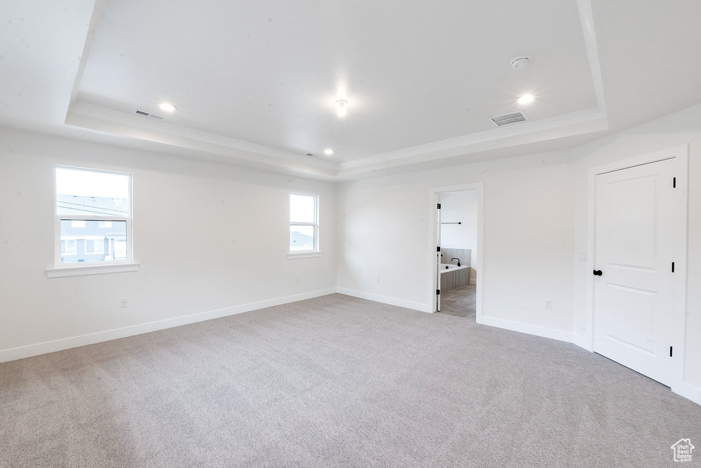 Empty room with light colored carpet and a raised ceiling