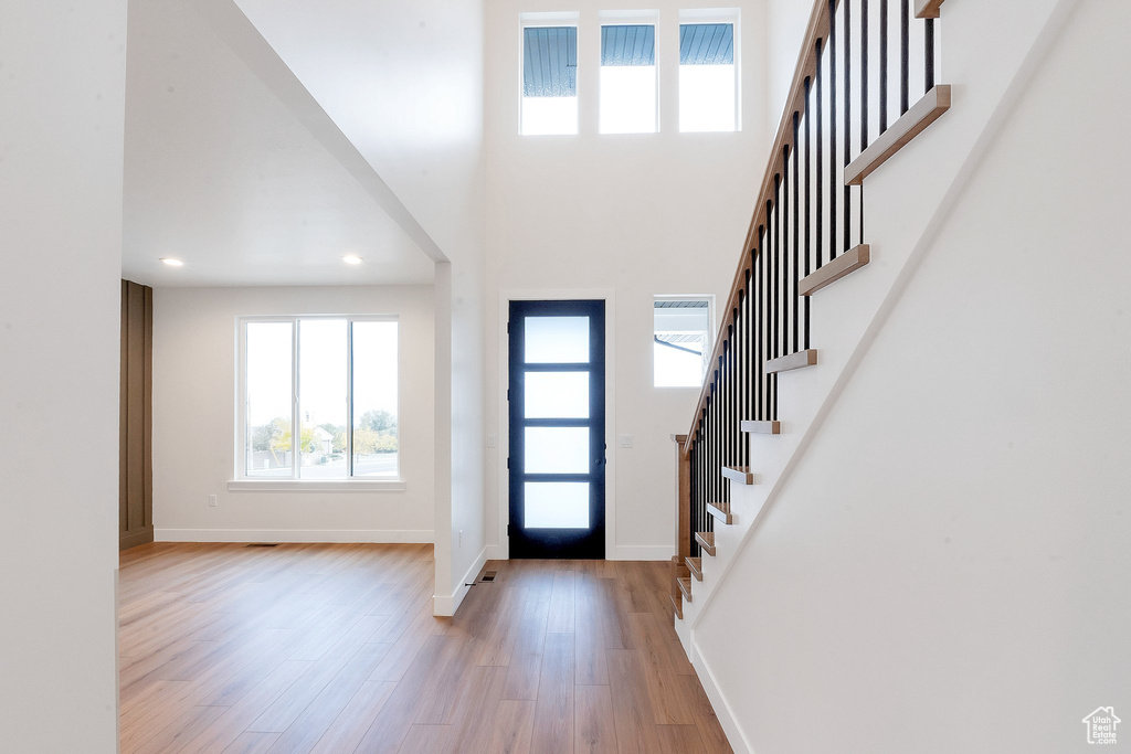 Foyer entrance with light hardwood / wood-style flooring, a high ceiling, and plenty of natural light