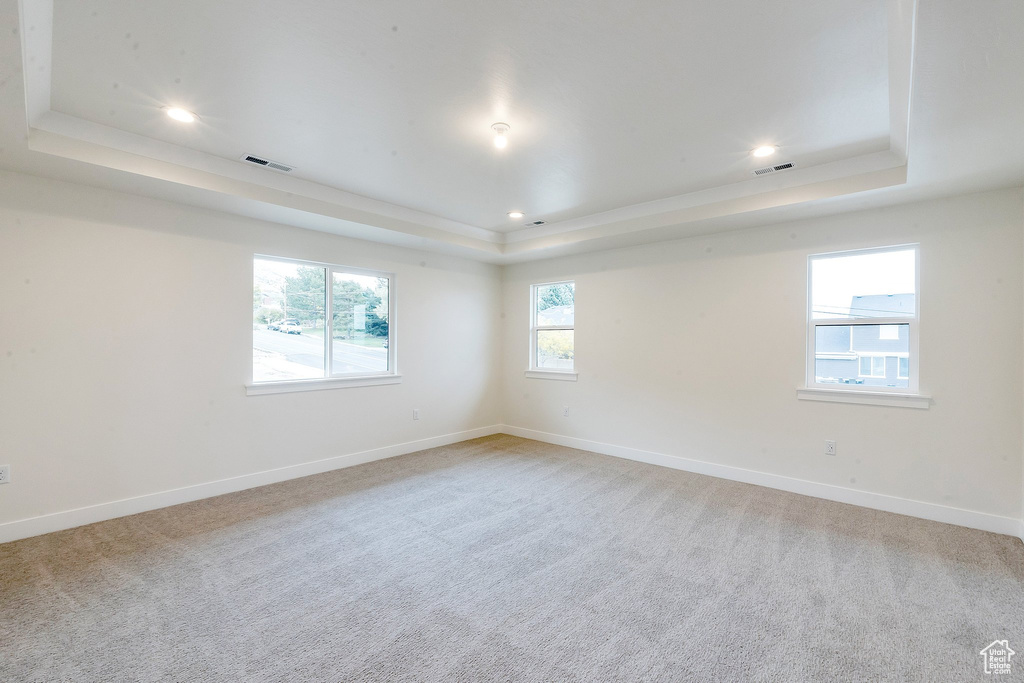 Spare room featuring a raised ceiling and carpet floors