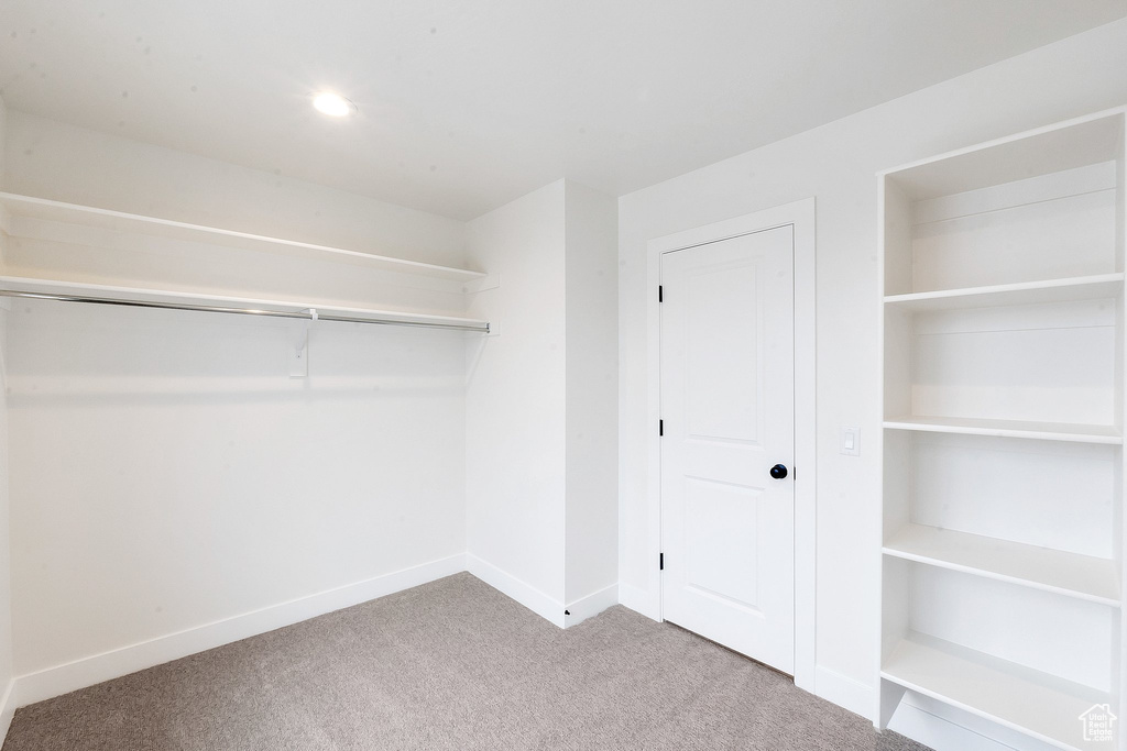 Walk in closet with light colored carpet