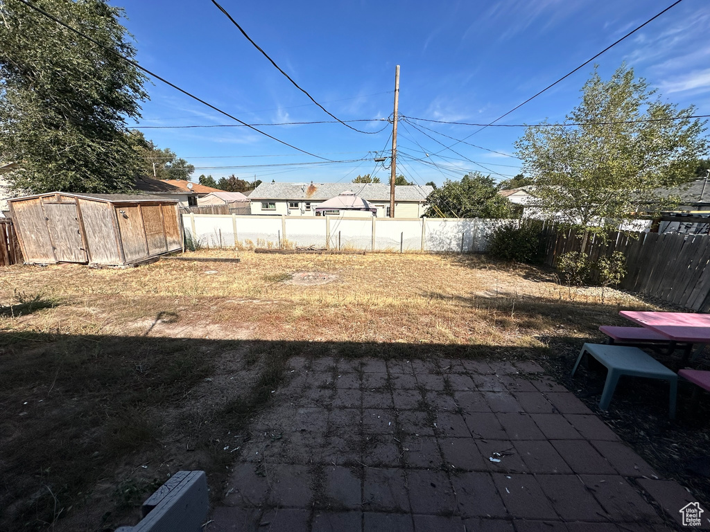 View of yard featuring a patio area and a storage unit