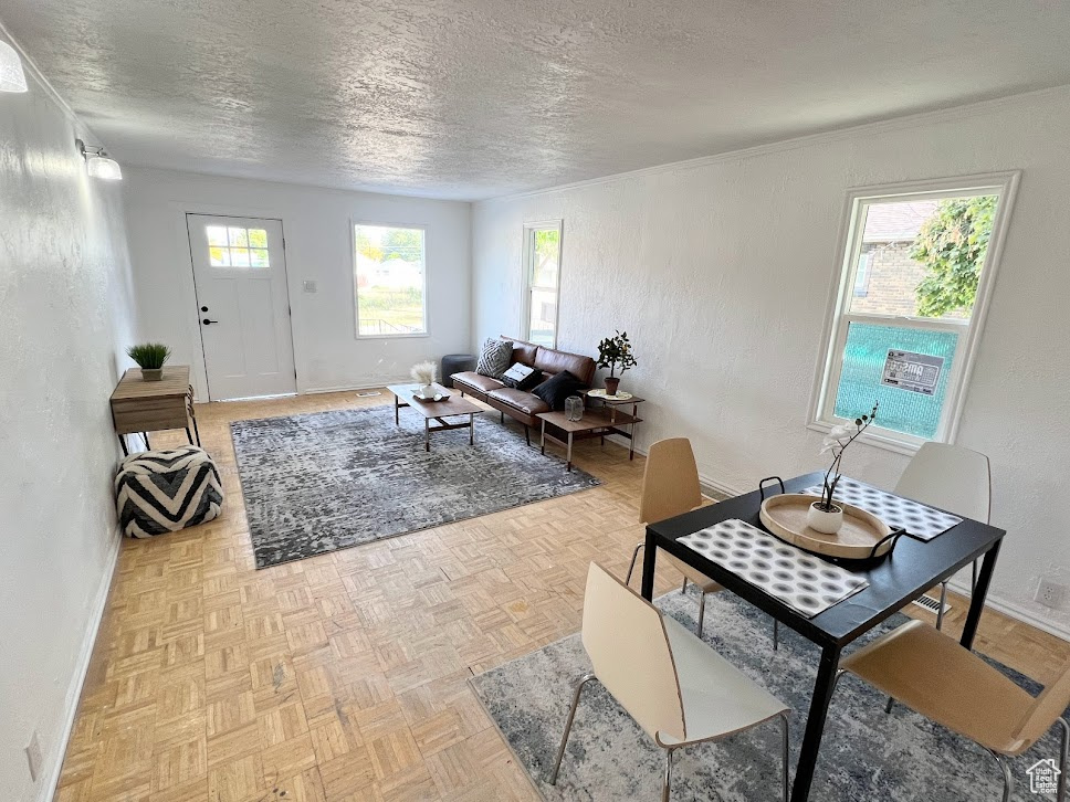 Living room with plenty of natural light, light parquet floors, and a textured ceiling