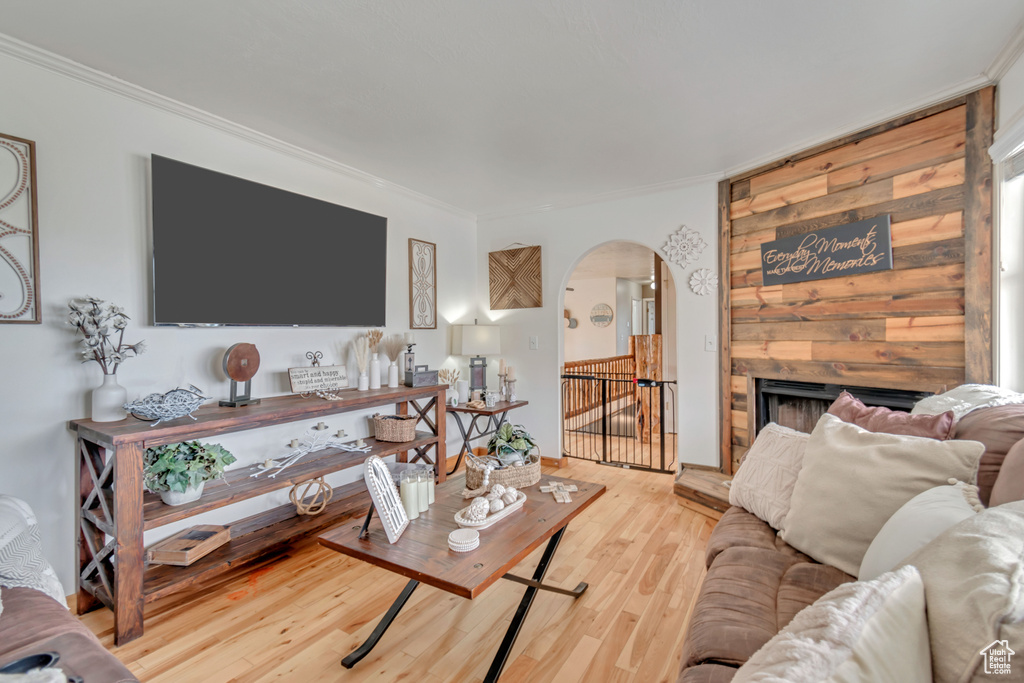 Living room featuring ornamental molding, a fireplace, and hardwood / wood-style floors