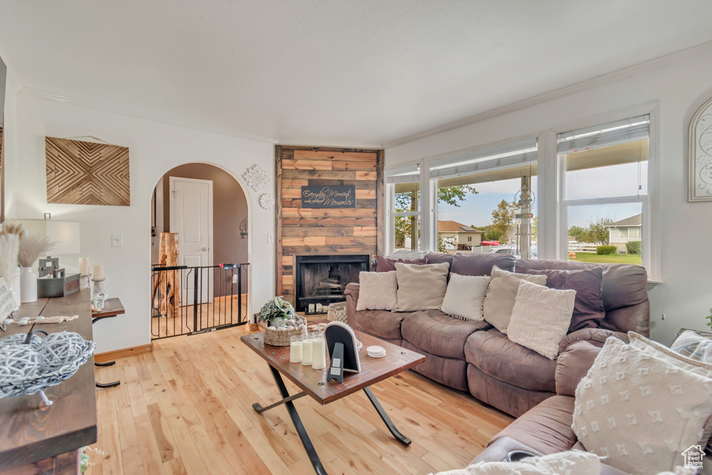 Living room with a fireplace, wood-type flooring, and ornamental molding