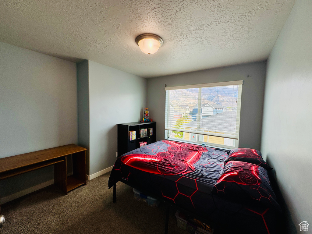 Bedroom featuring carpet flooring and a textured ceiling